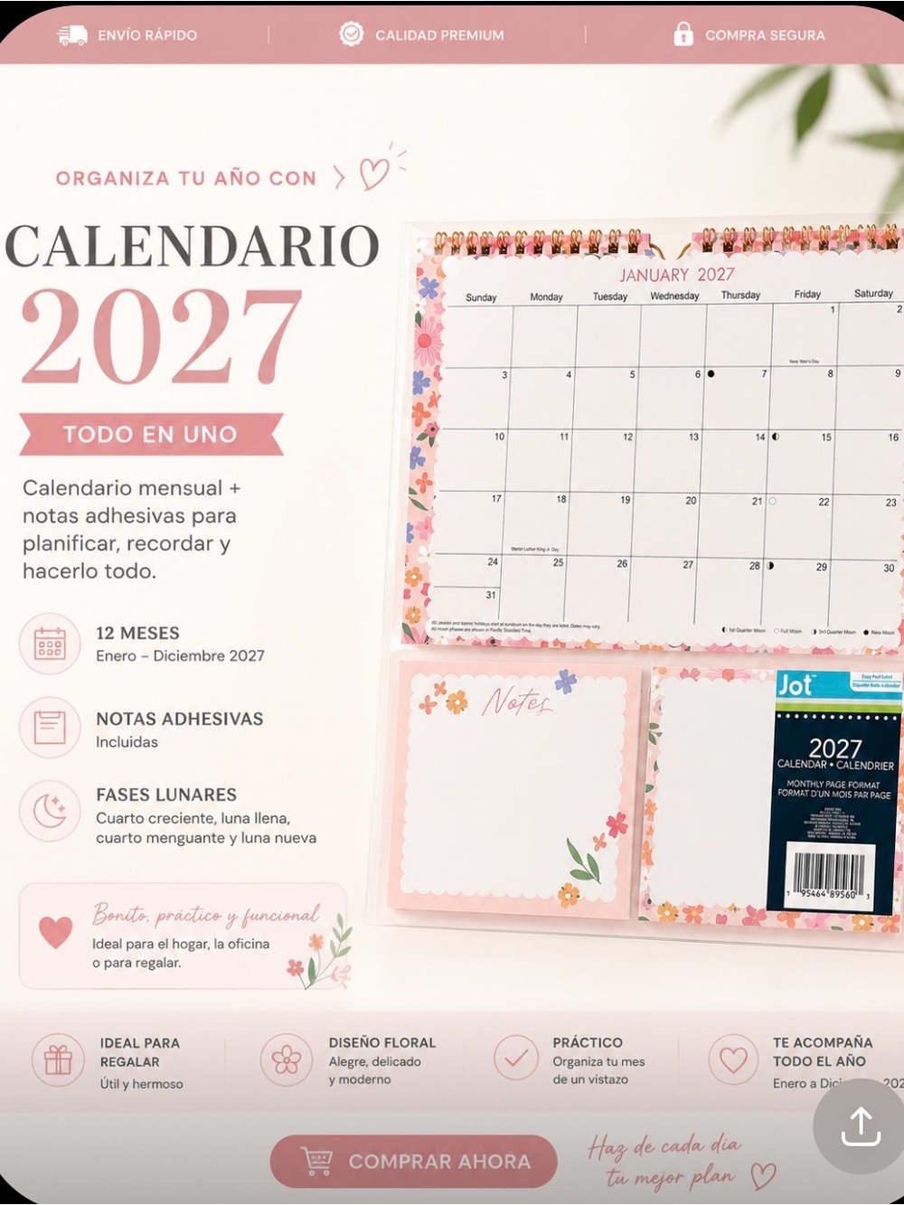 Jot 2027 Floral Monthly Wall Calendar with Sticky Notes - Pink